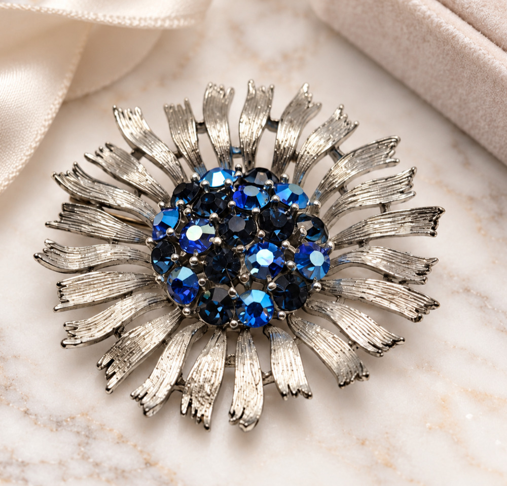 Vintage Lisner Blue Rhinestone Flower Brooch Silver Tone Starburst Signed 60s